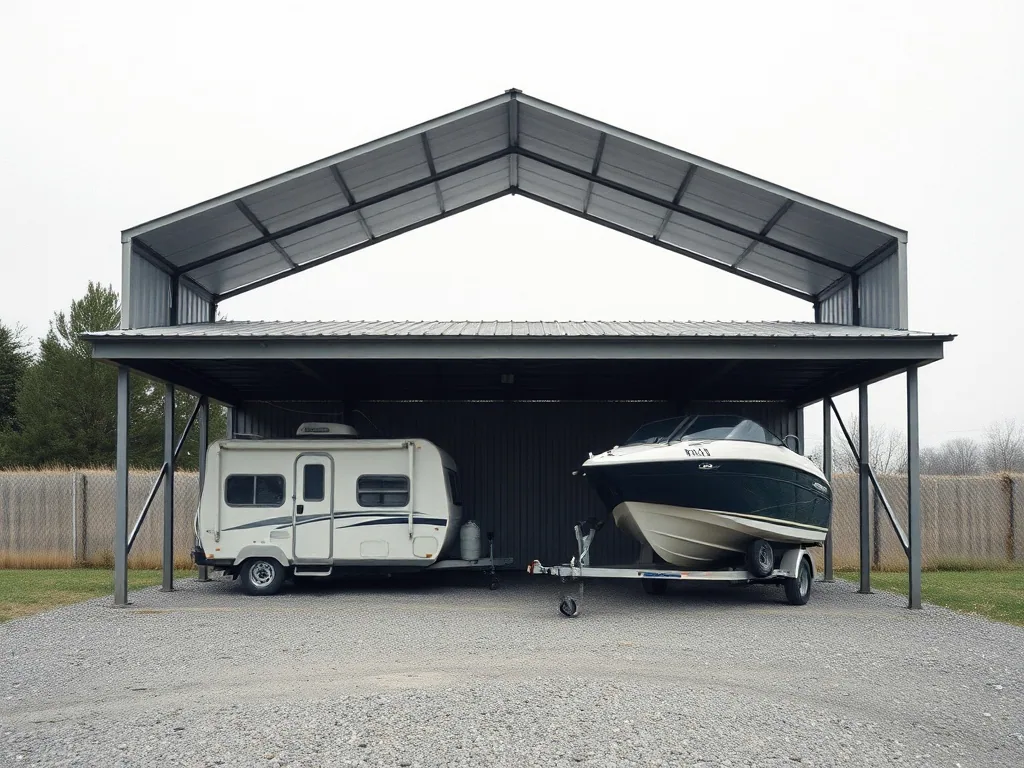 A camper trailer and a boat on a trailer parked under an open sided steel roof on gravel, grey daylight.