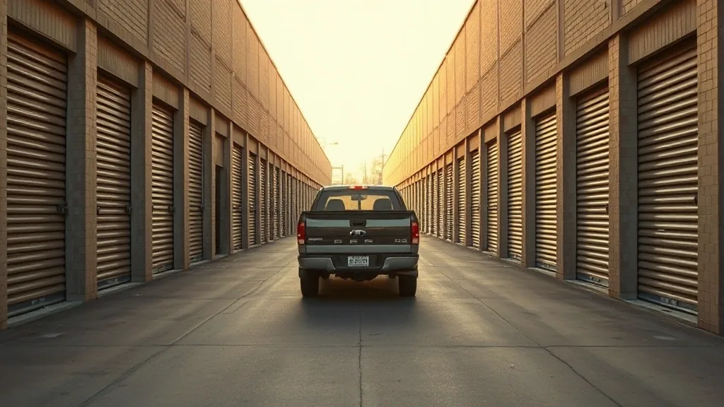 The drive between two long rows of roll-up doors, shot low and straight down the line, a pickup truck backed up to a door halfway along.