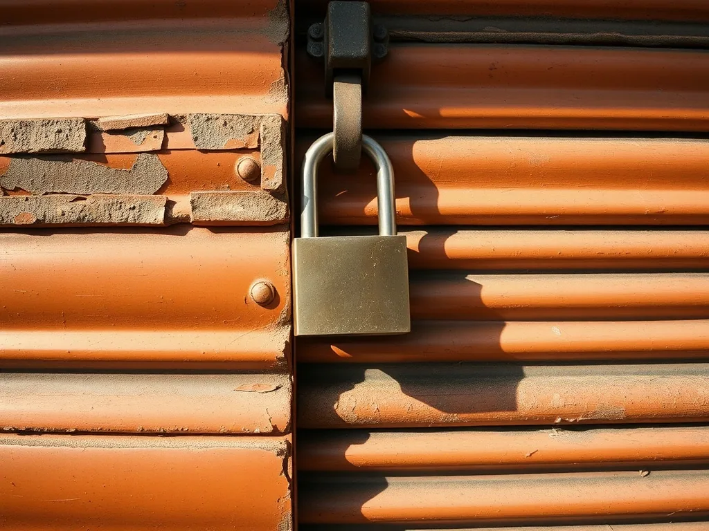 A padlock through the hasp of a weathered corrugated steel roll-up door, chipped orange paint, hard sunlight.
